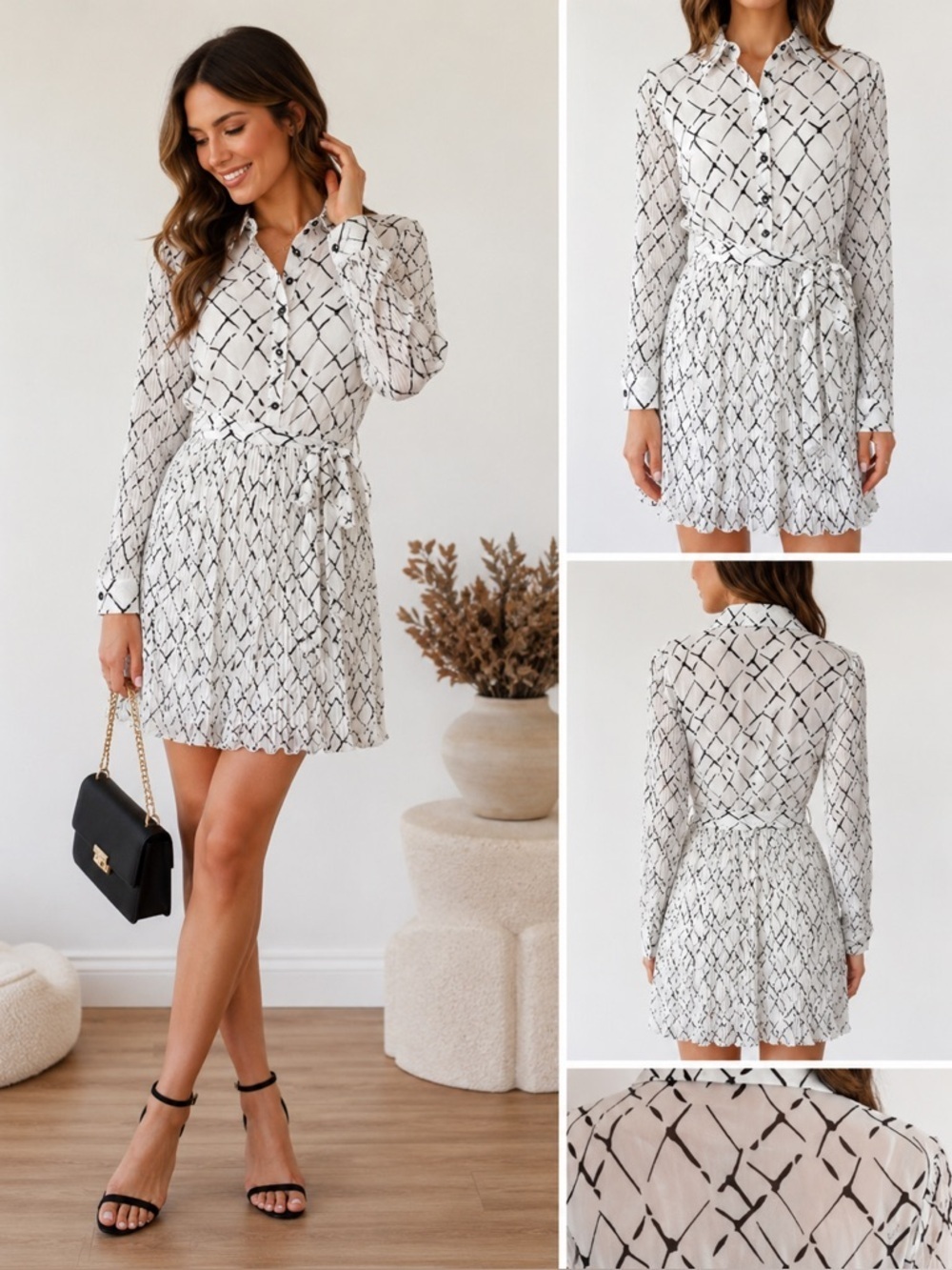 RIANI Printed Long Sleeve Pleated Mini Dress With Sheer Back Size 8
